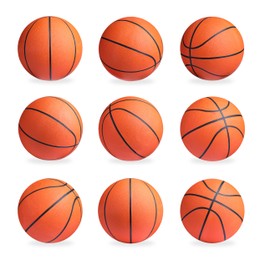 Set with bright basketball balls on white background 