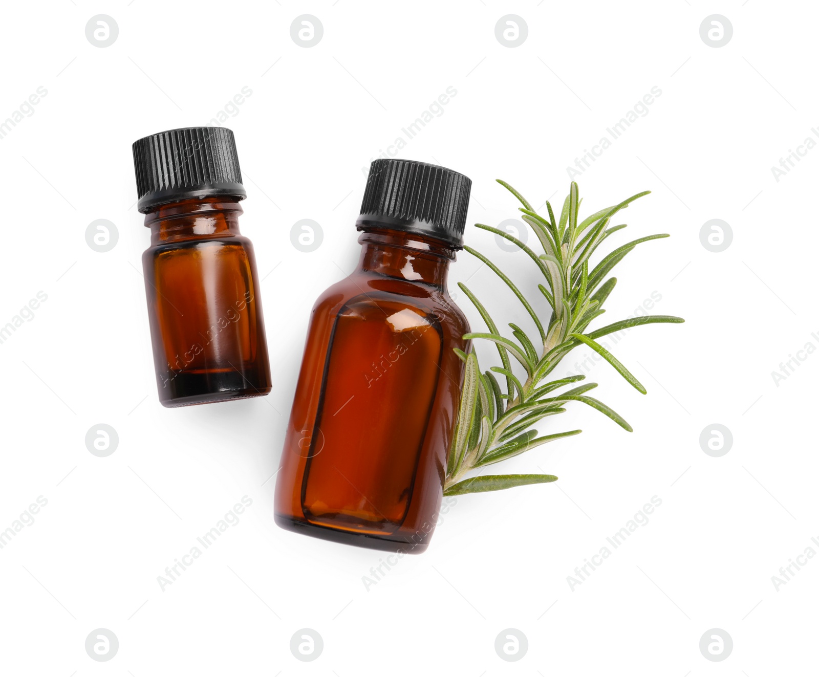 Photo of Sprig of fresh rosemary and essential oil on white background, top view