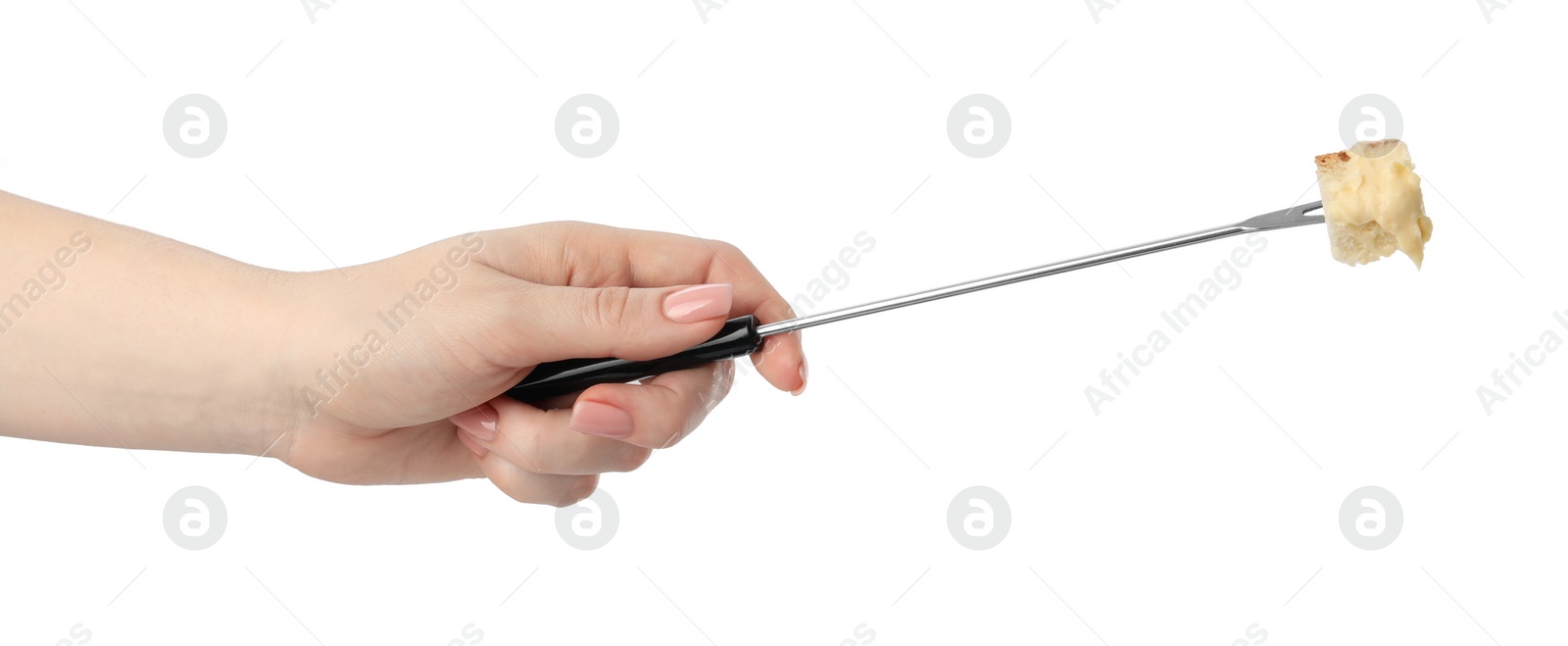 Photo of Tasty fondue. Woman holding fork with piece of bread and melted cheese on white background, closeup