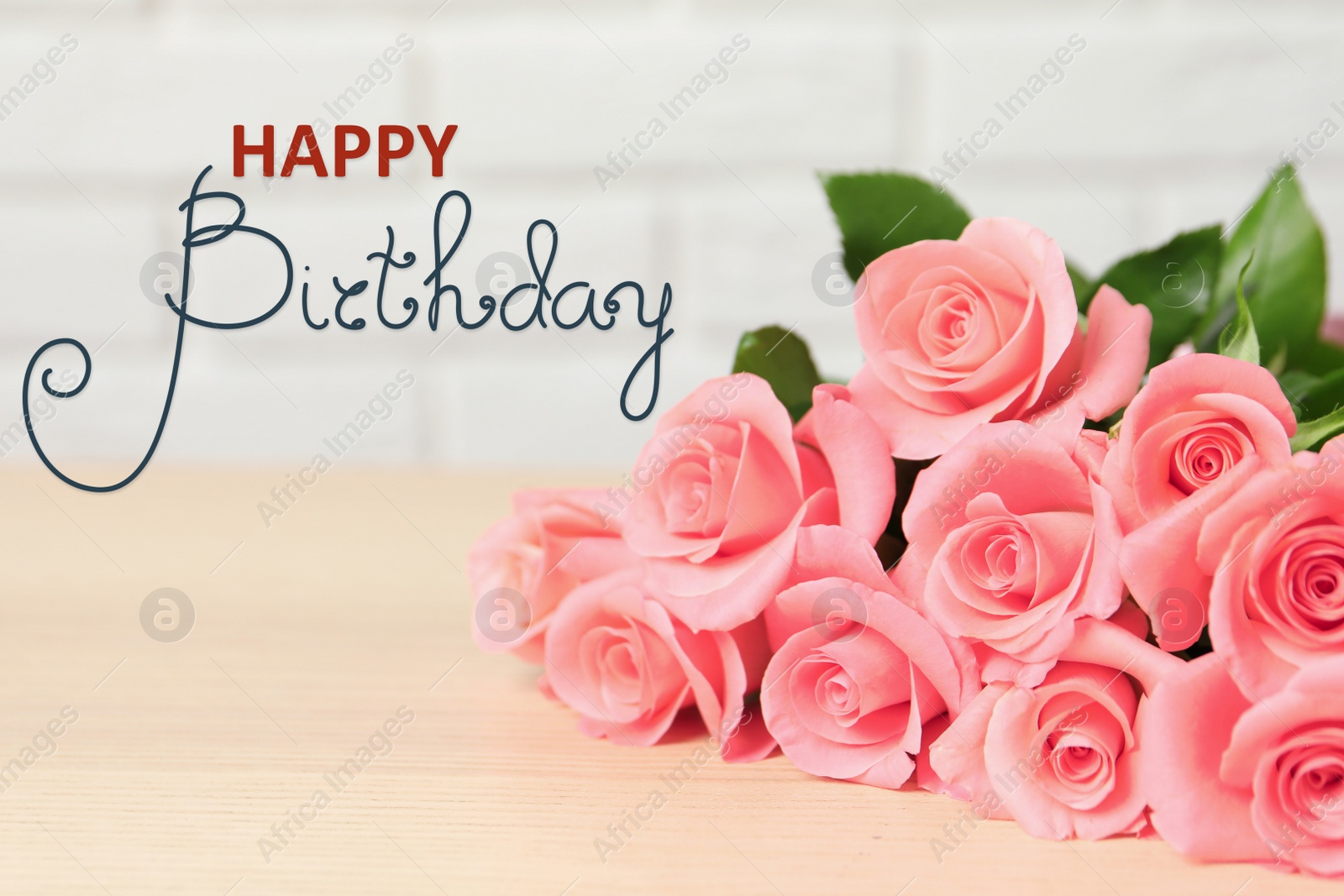 Image of Happy Birthday! Bouquet of beautiful roses on wooden table