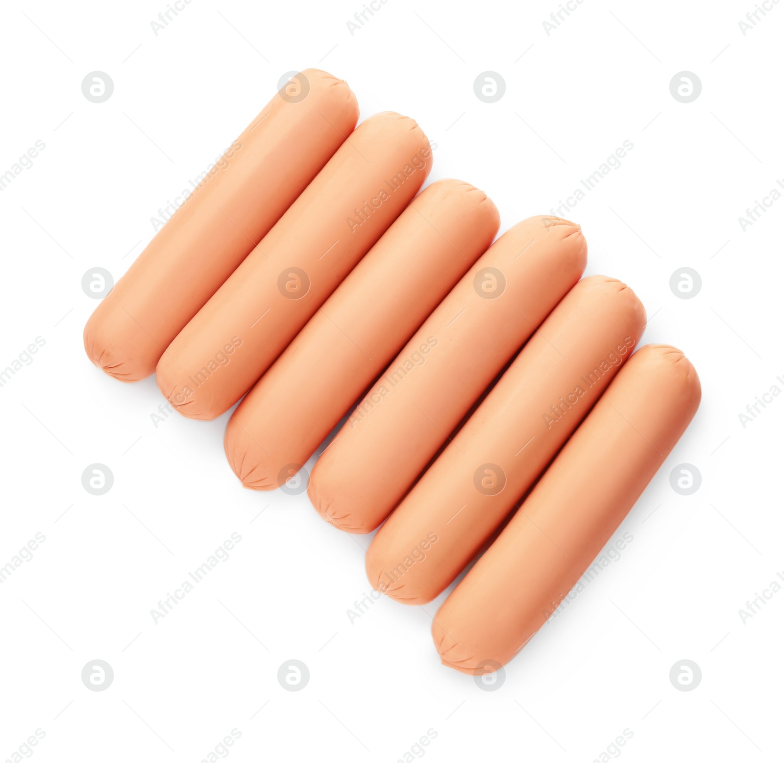 Photo of Fresh raw sausages isolated on white, top view. Meat product