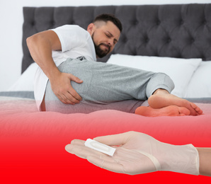 Doctor holding suppository for hemorrhoid treatment and man suffering from pain on bed at home