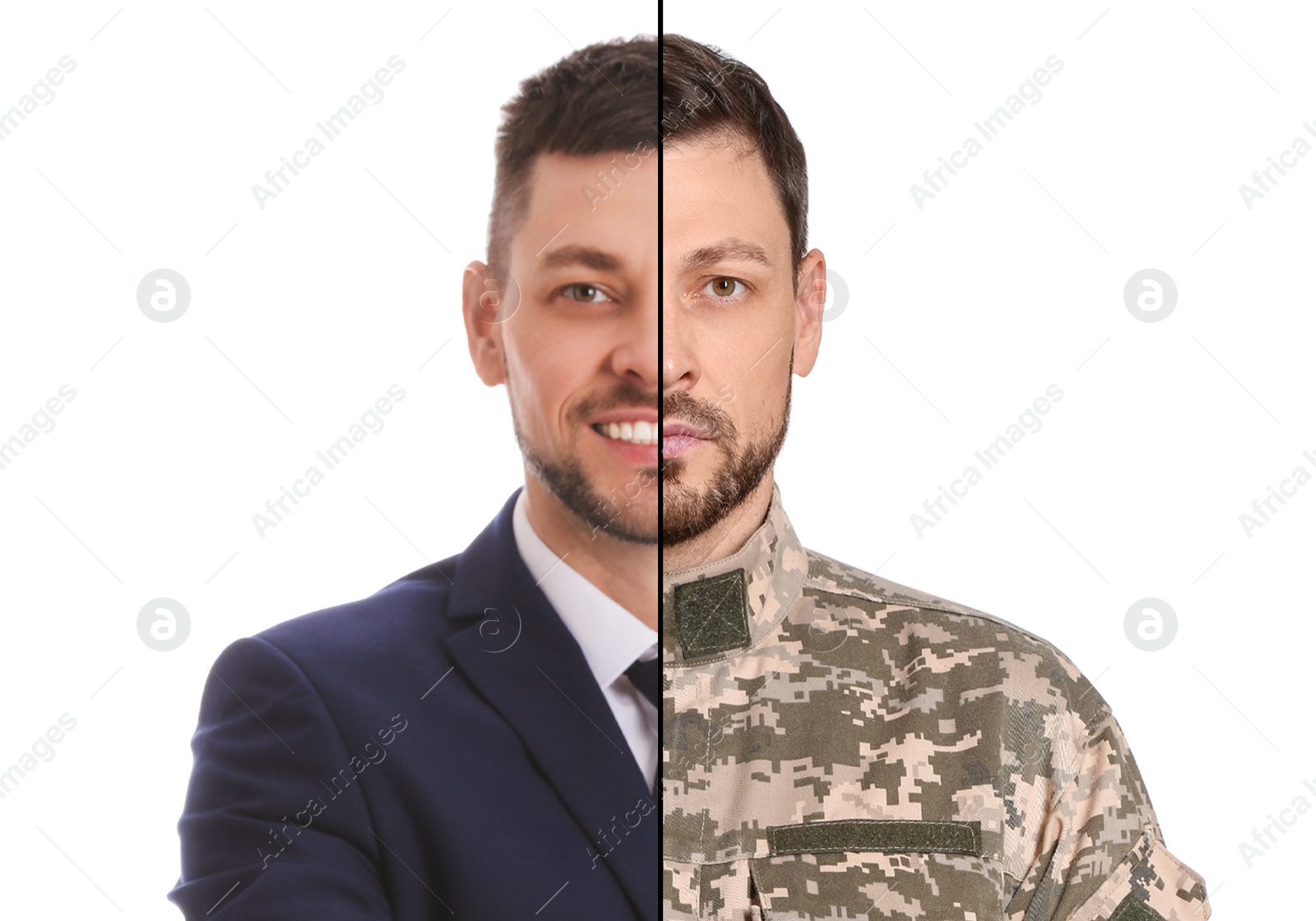 Image of Man as military and businessman isolated on white, collage dividing portrait