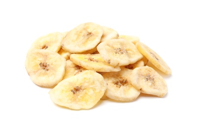 Photo of Heap of sweet banana slices on white background. Dried fruit as healthy snack