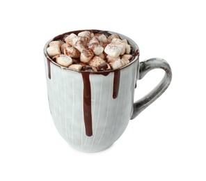 Photo of Delicious hot chocolate with marshmallows and cocoa powder in cup isolated on white