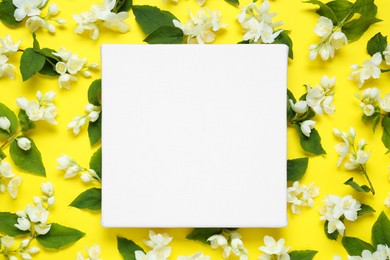 Blank canvas and beautiful jasmine flowers on yellow background, flat lay. Space for design