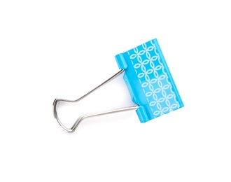 Photo of Blue binder clip on white background. Stationery for school