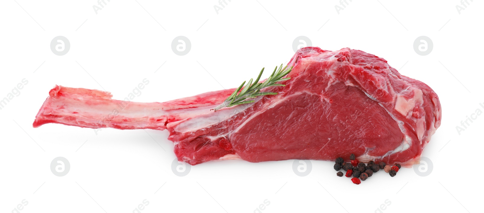 Photo of Piece of raw beef meat and spices isolated on white