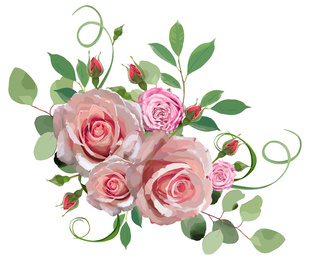 Illustration of Beautiful bouquet with roses illustration on white background. Stylish design