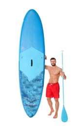 Happy man with blue SUP board and paddle on white background