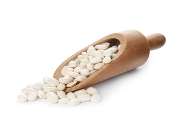 Photo of Wooden scoop with raw kidney beans on white background