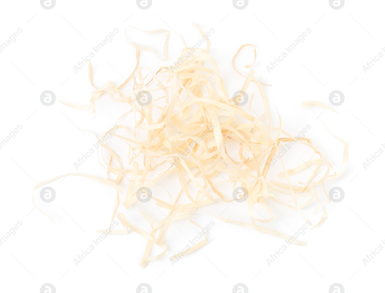 Photo of Pile of wood shavings isolated on white, top view