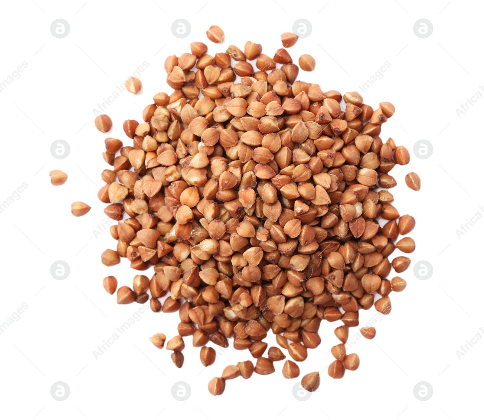 Photo of Pile of buckwheat grains isolated on white, top view. Organic cereal