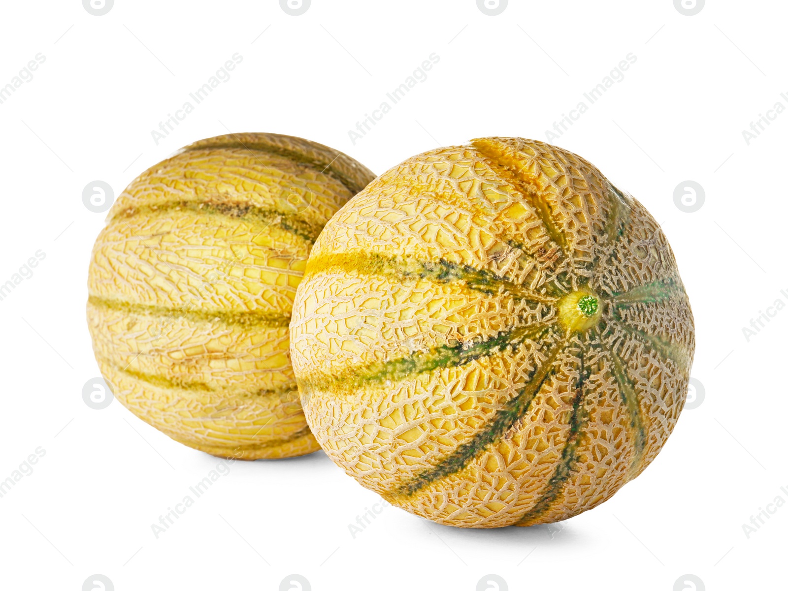 Photo of Whole tasty ripe melons on white background