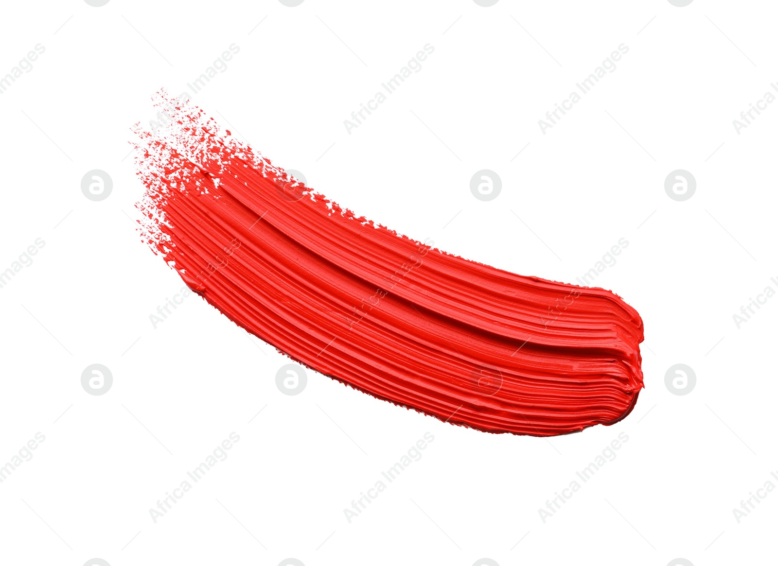 Photo of Red oil paint stroke on white background, top view