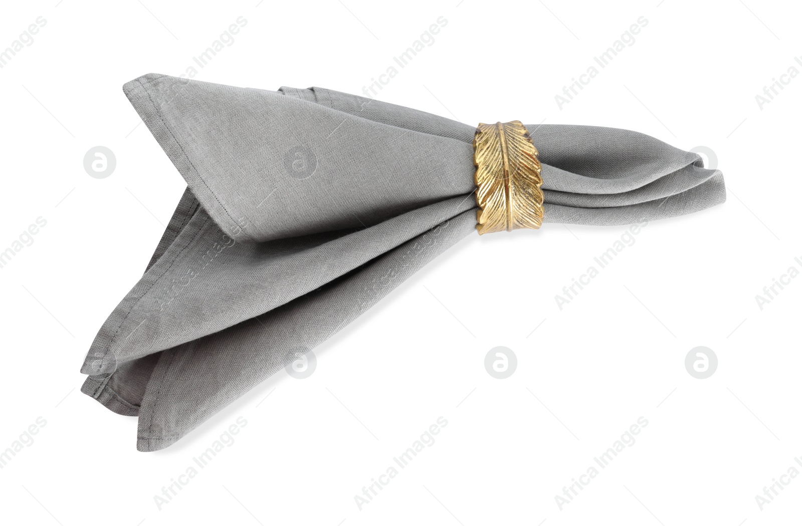 Photo of Napkin with decorative ring for table setting isolated on white, top view
