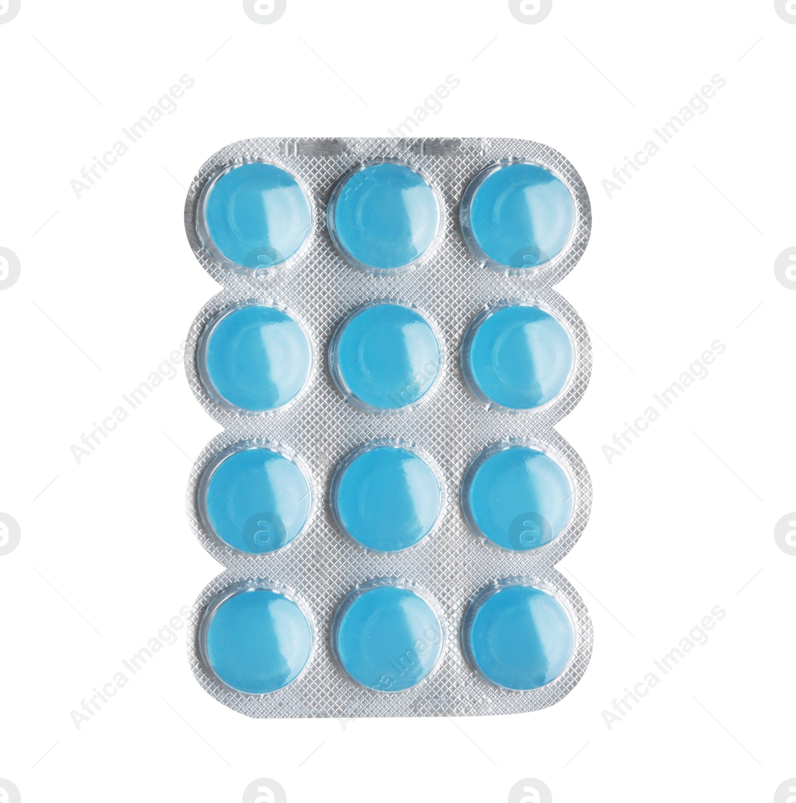 Photo of Blister with blue cough drops isolated on white