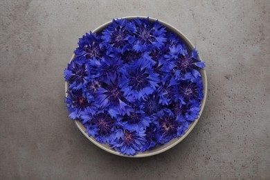 Beautiful blue cornflowers in bowl on grey table, top view