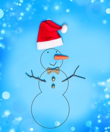 Image of Snowman with Santa hat and bow tie on light blue background, flat lay. Bokeh effect