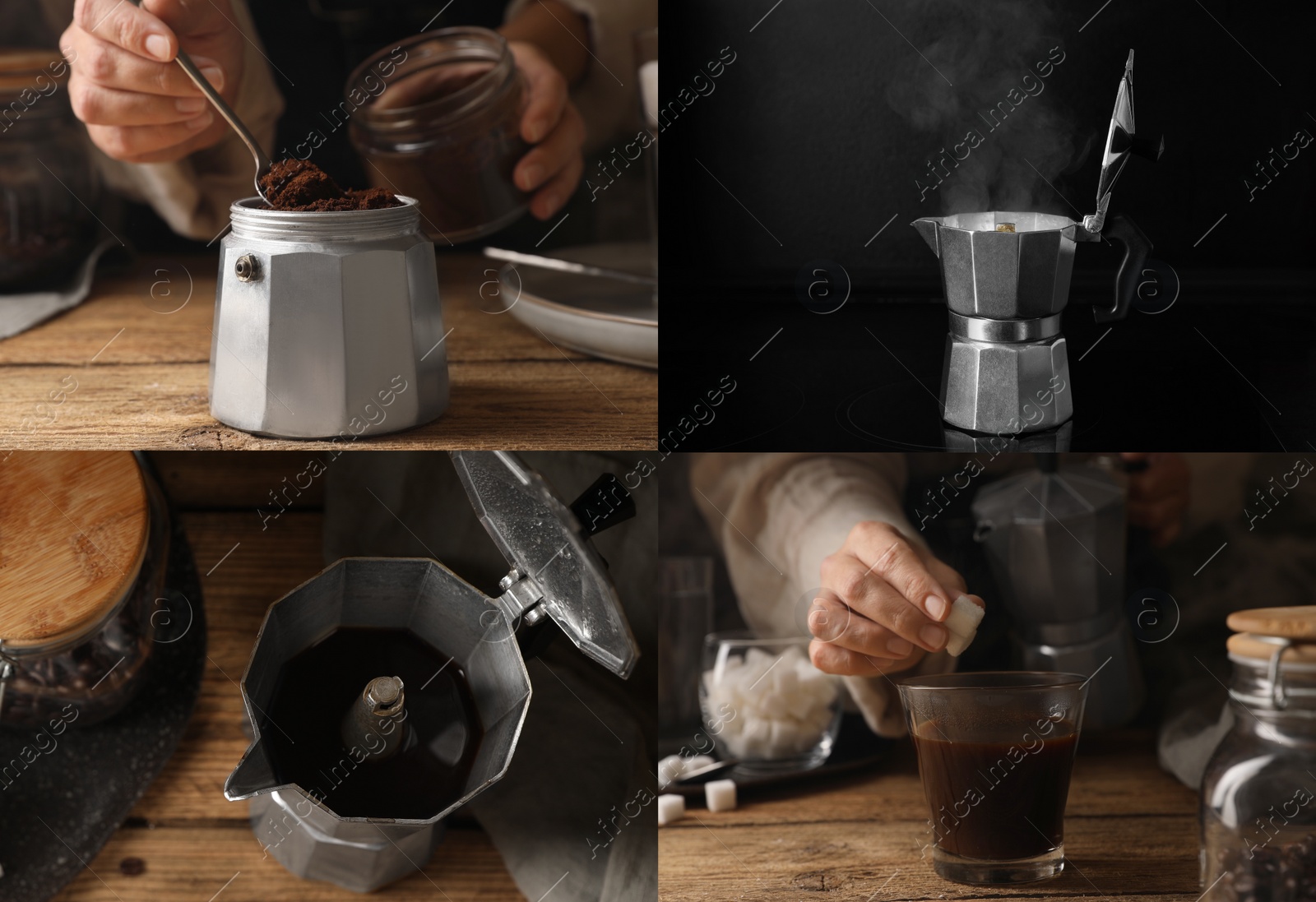 Image of Making coffee with moka pot step-by-step. Collage with photos