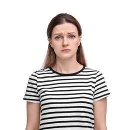 Portrait of sad woman on white background