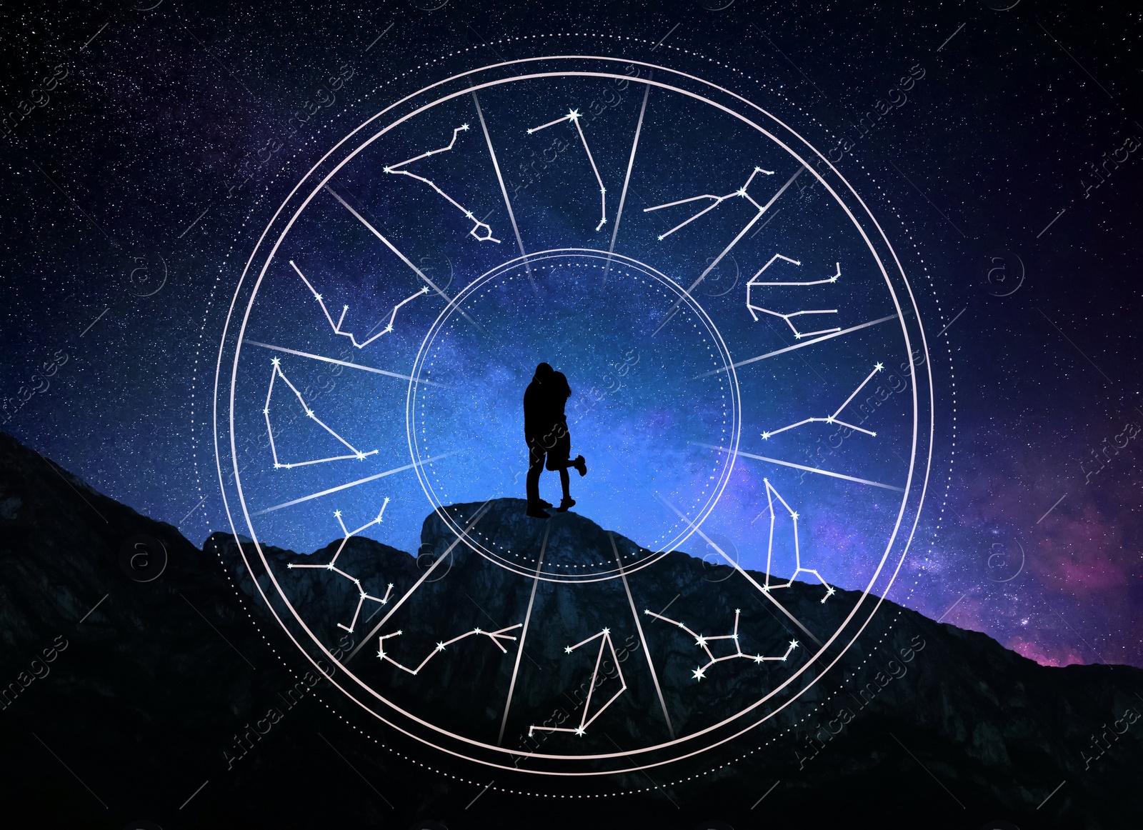 Image of Zodiac wheel and photo of couple in mountains under starry sky at night