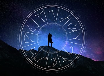 Zodiac wheel and photo of couple in mountains under starry sky at night