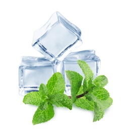 Image of Ice cubes and green mint leaves on white background