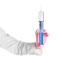 Photo of Doctor in medical glove with large syringe on white background