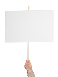 Man holding blank protest sign on white background, closeup