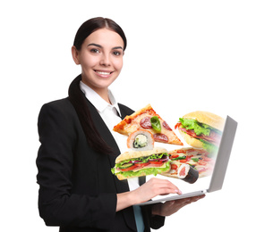 Young woman using laptop for ordering food online on white background. Delivery service during quarantine