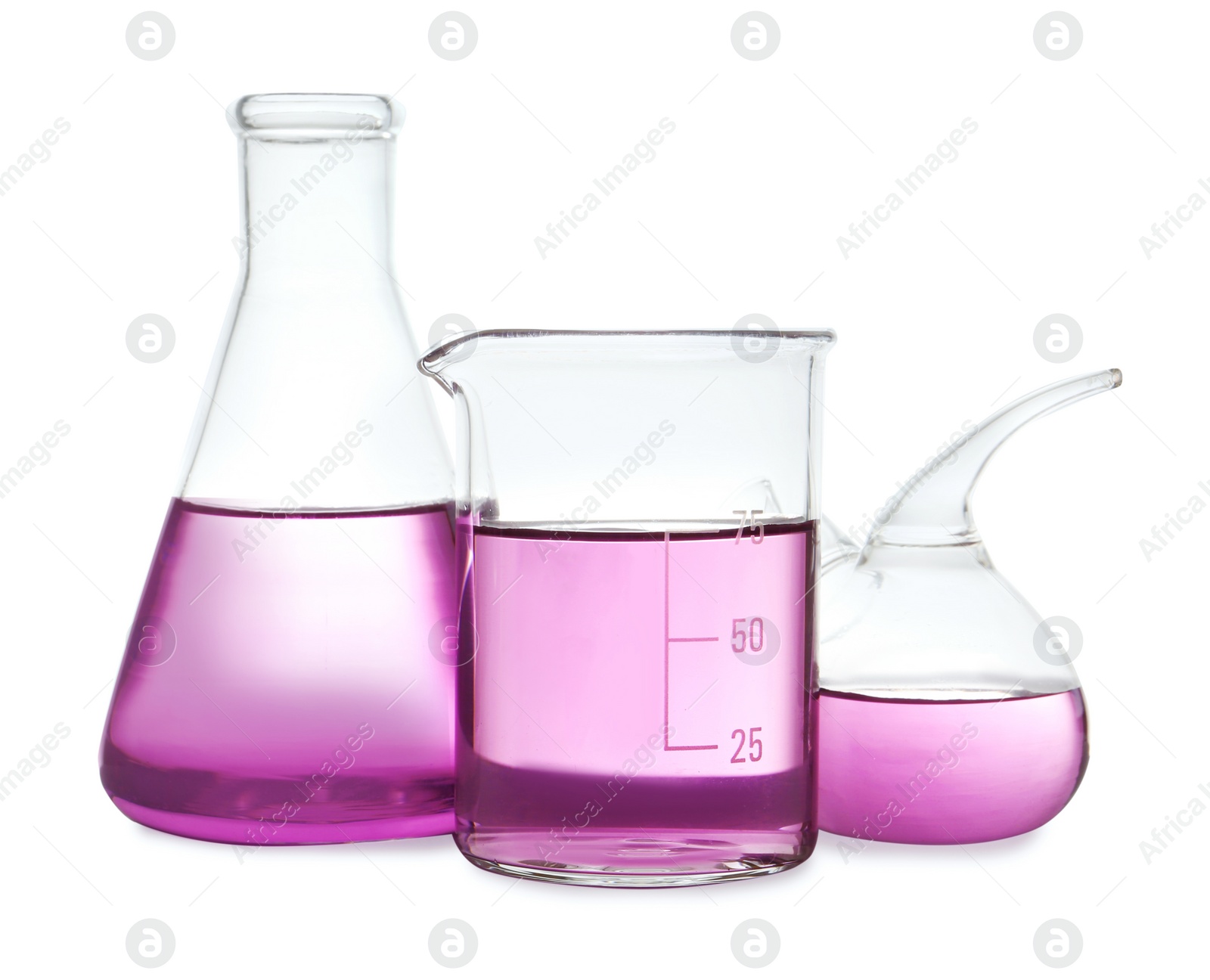 Photo of Laboratory glassware with purple liquid on white background