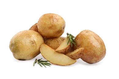 Many tasty baked potatoes on white background