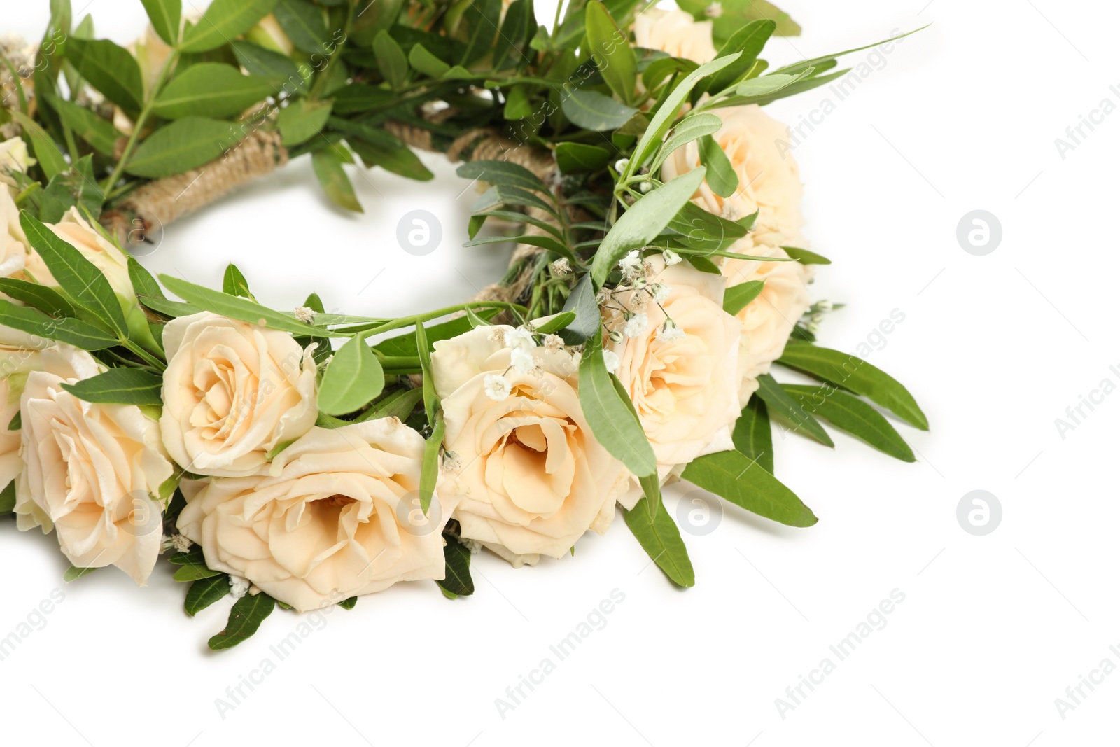 Photo of Wreath made of beautiful flowers isolated on white