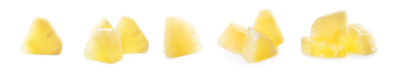 Image of Set of canned pineapple pieces on white background, banner design