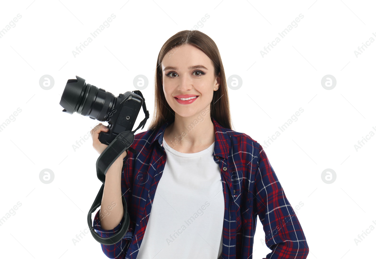 Photo of Professional photographer with modern camera on white background