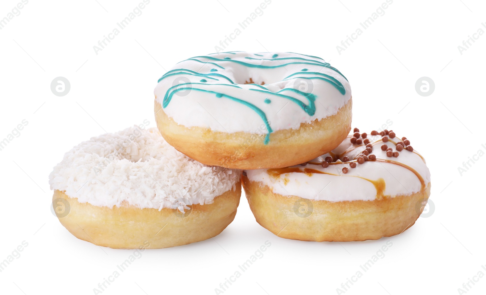 Photo of Different tasty glazed donuts on white background