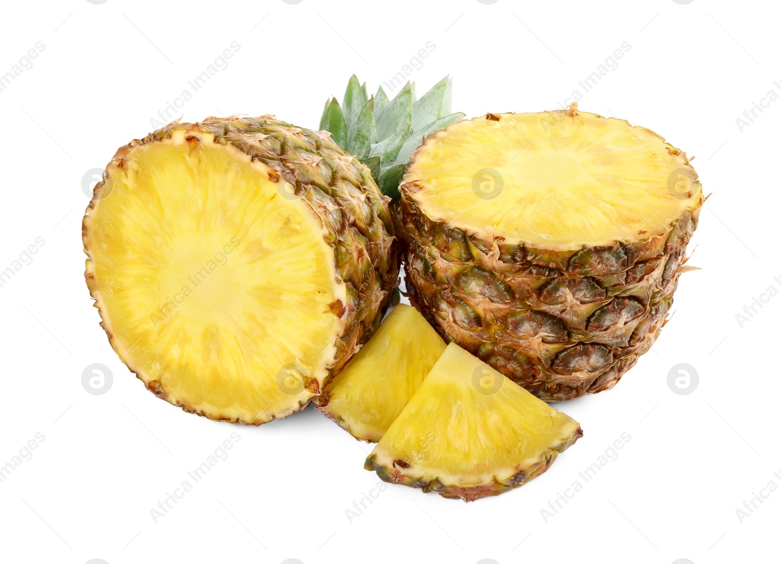 Photo of Cut tasty ripe pineapple isolated on white