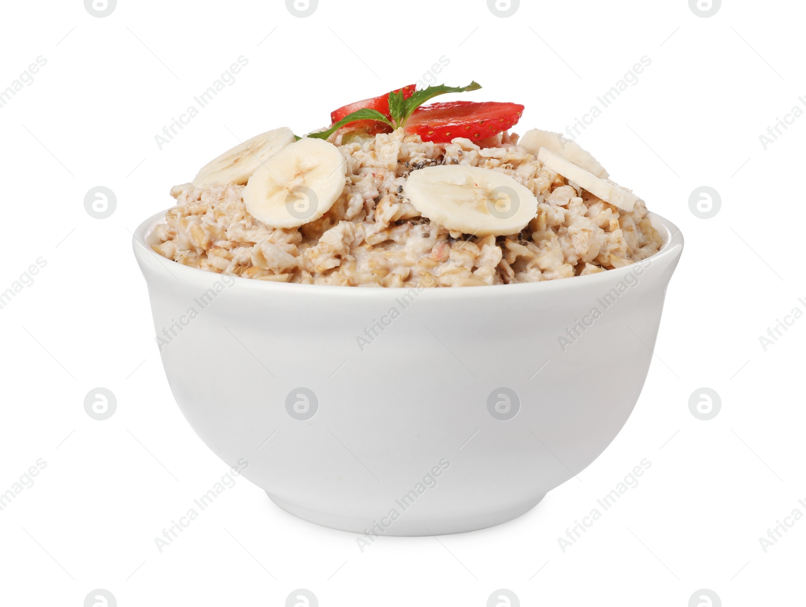 Photo of Tasty boiled oatmeal with strawberry, banana and chia seeds in bowl isolated on white