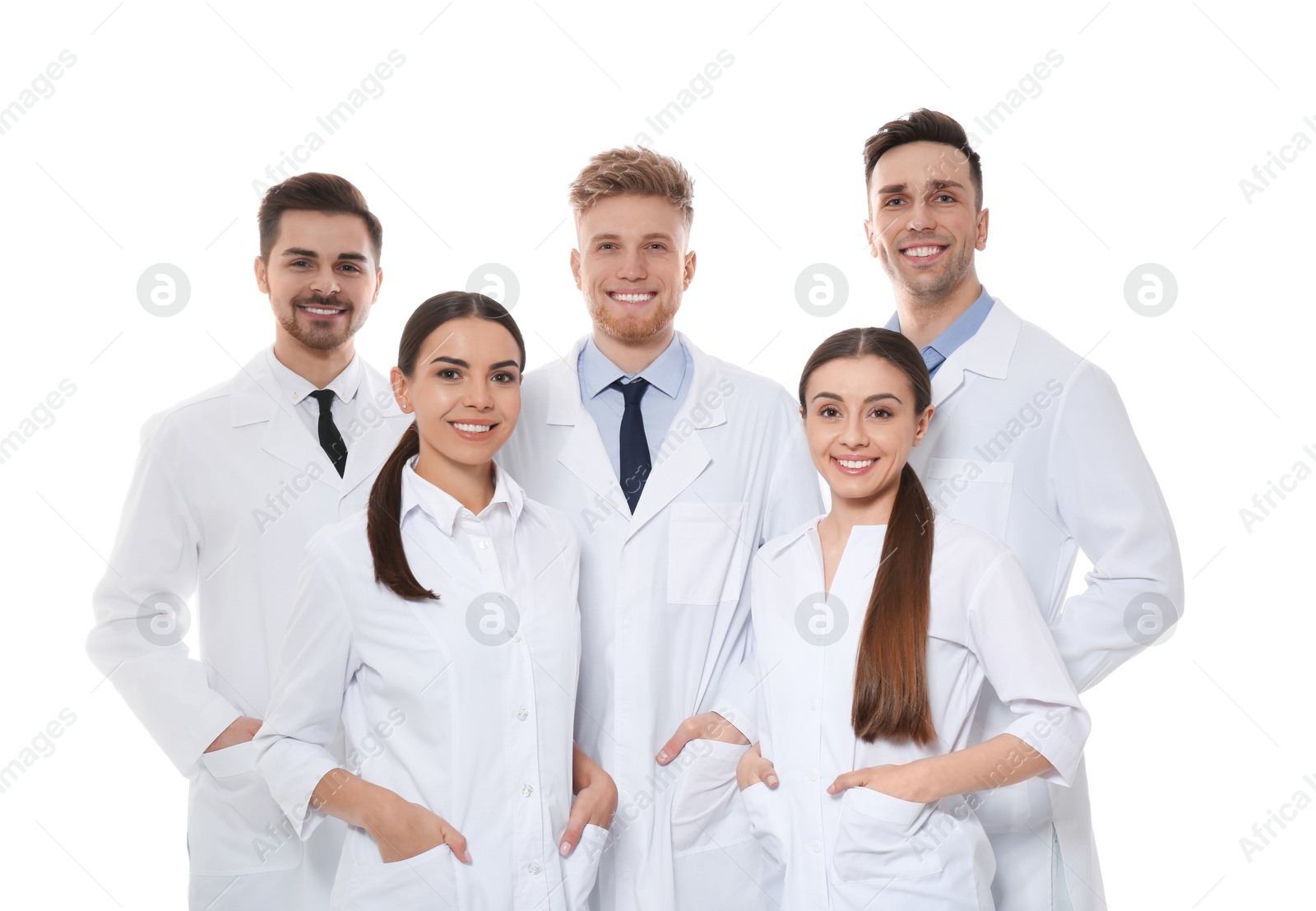 Photo of Group of medical doctors isolated on white. Unity concept