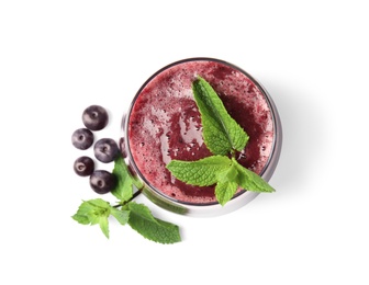 Photo of Glass with delicious acai smoothie on white background