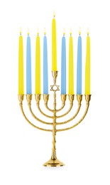 Hanukkah celebration. Menorah with colorful candles isolated on white