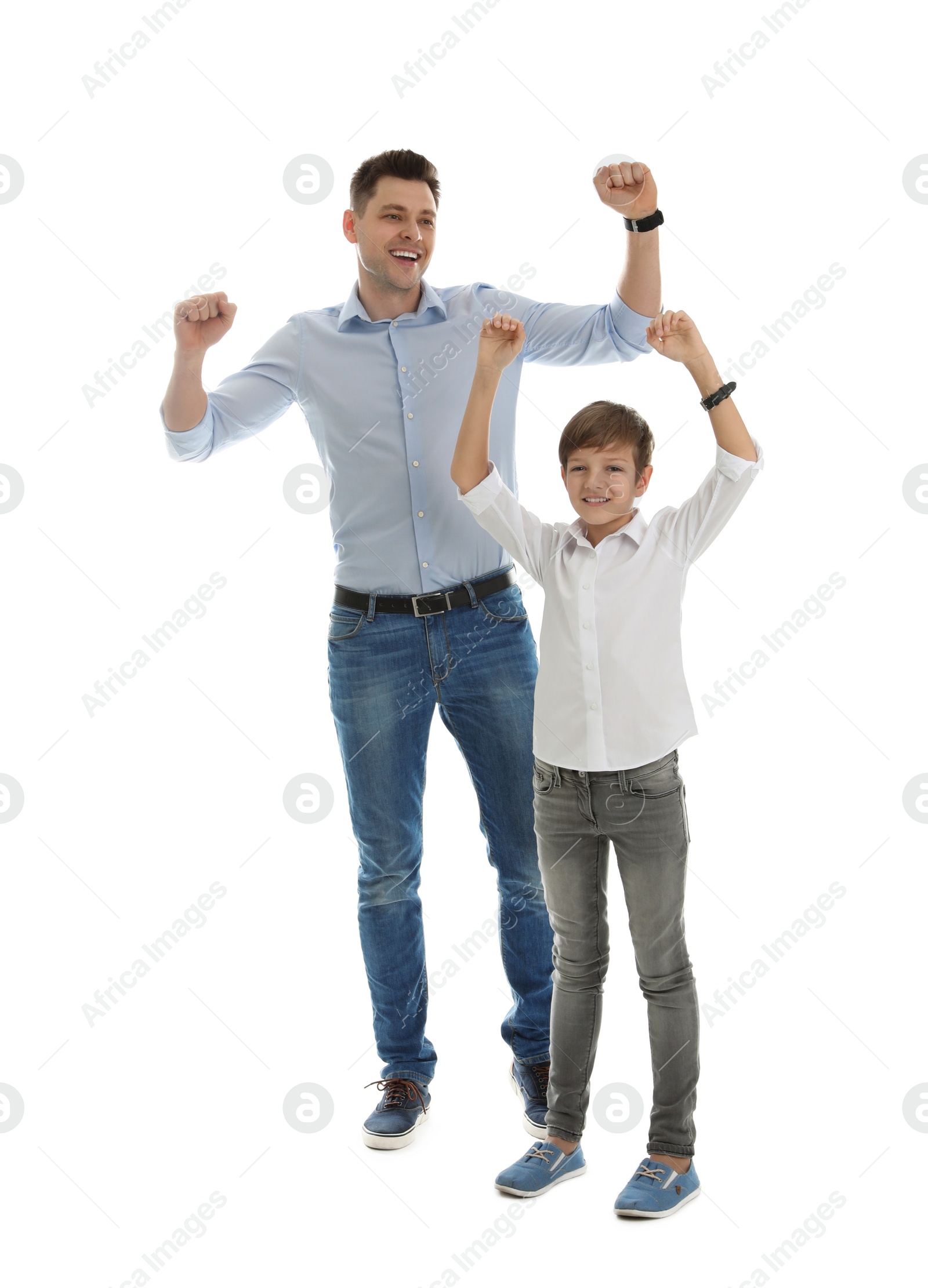 Photo of Portrait of emotional dad and his son isolated on white