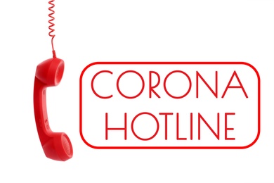 Image of Covid-19 Hotline. Red handset and text on white background 