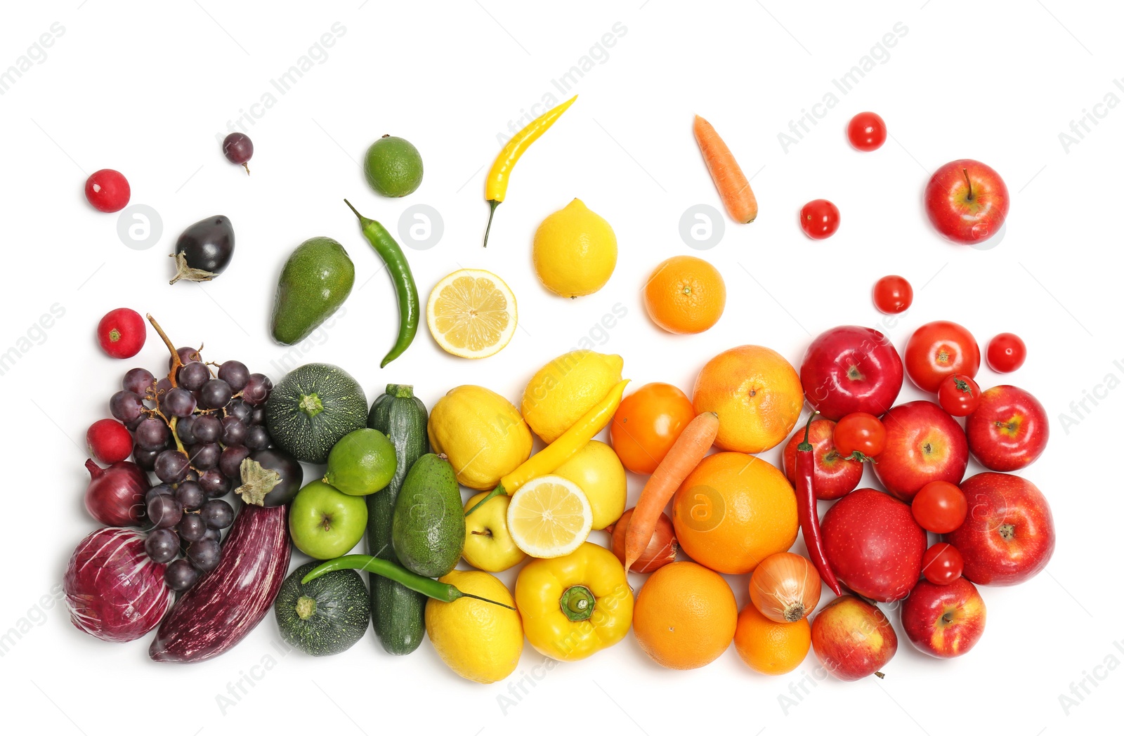 Photo of Rainbow composition with fresh vegetables and fruits on white background, flat lay