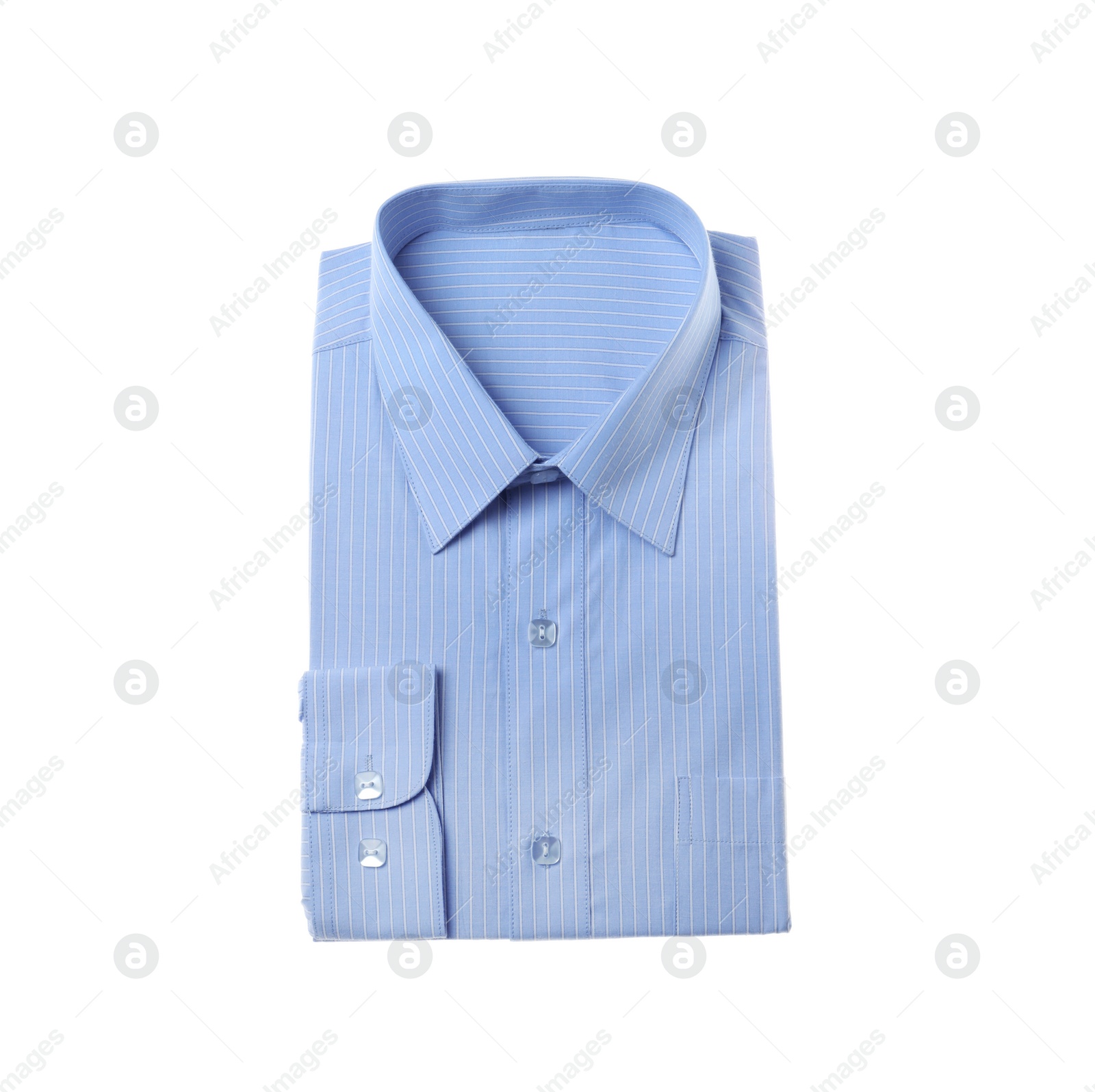 Photo of Stylish light blue shirt isolated on white, top view. Dry-cleaning service