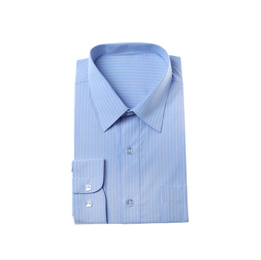 Photo of Stylish light blue shirt isolated on white, top view. Dry-cleaning service