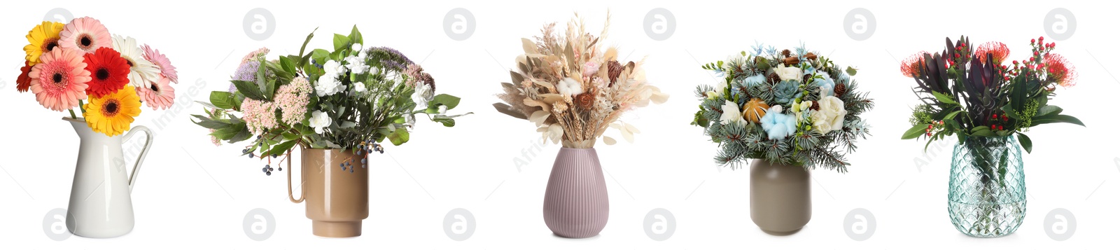 Image of Collage with many beautiful bouquets in different vases on white background