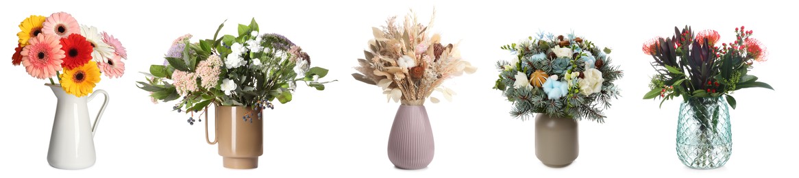 Image of Collage with many beautiful bouquets in different vases on white background