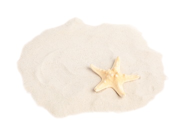 Pile of beach sand with beautiful starfish on white background, above view